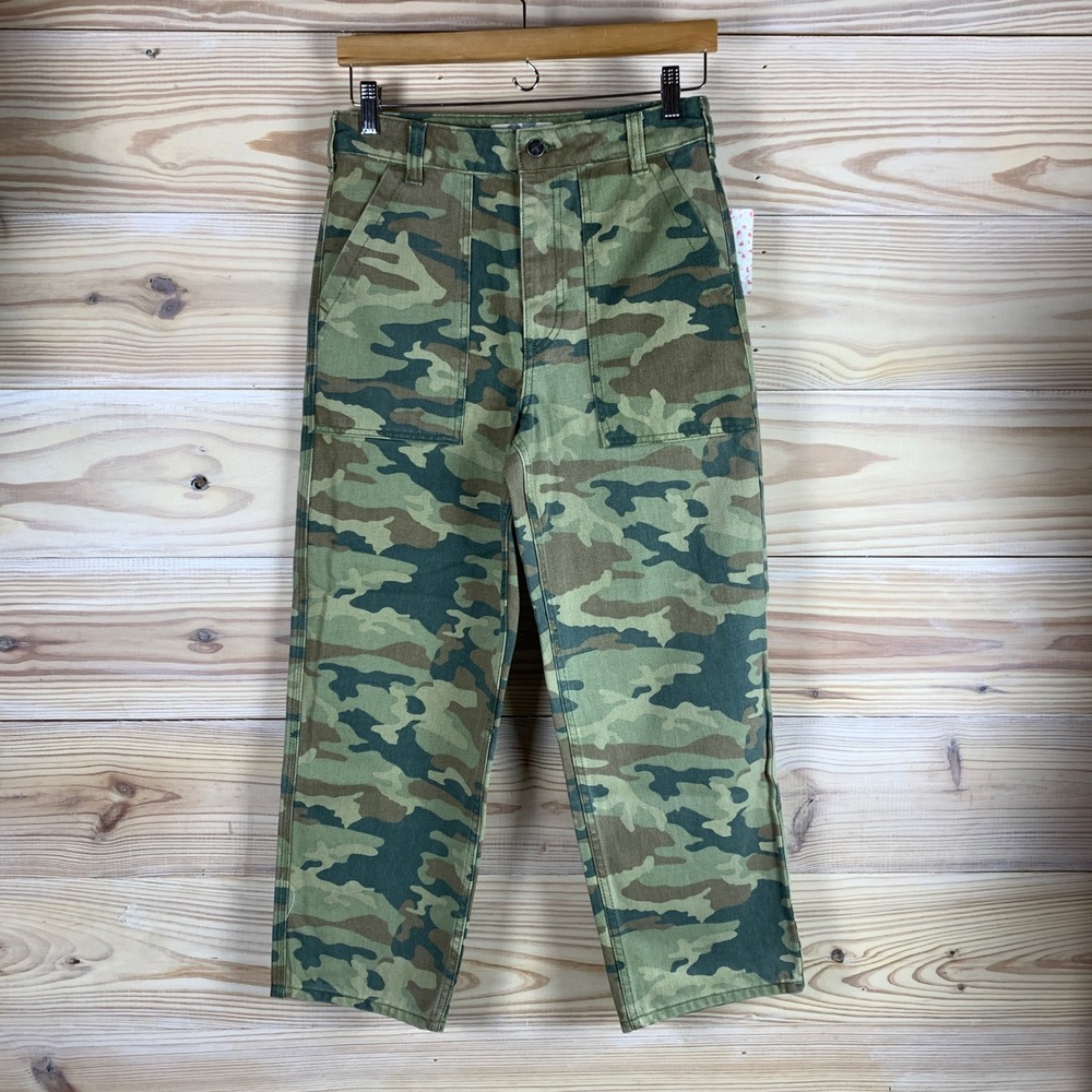 Free People Pants Women 27 Green Camo Utility High Rise Straight Leg Ankle Jeans